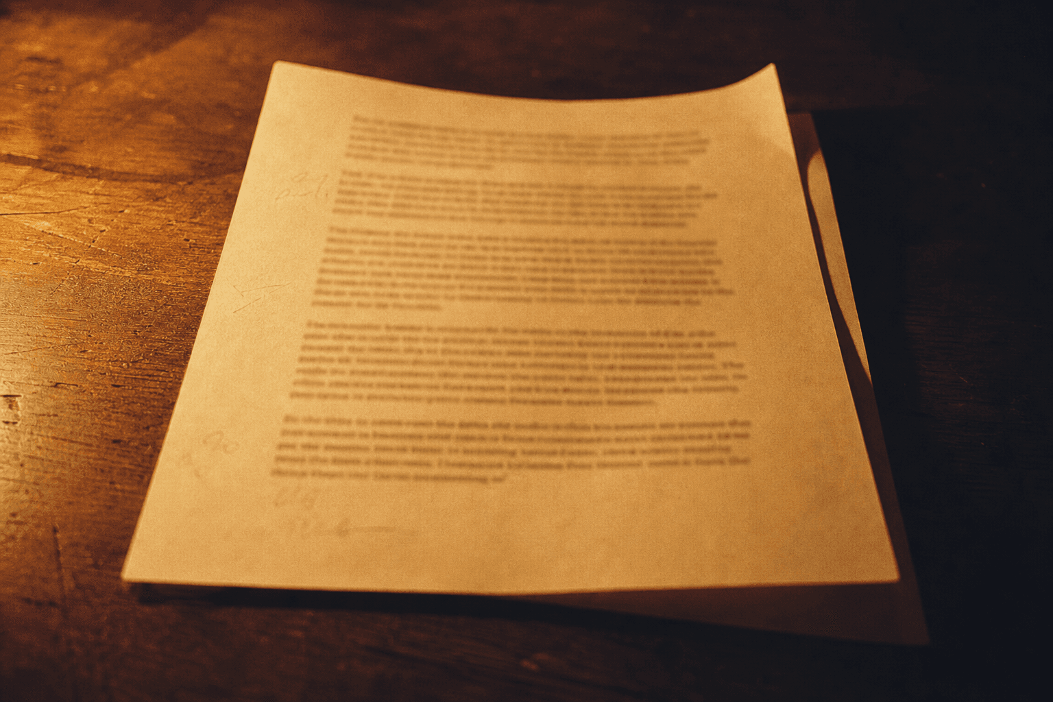 Two printed pages of a speech on cream paper, lit by a warm lamp, with pencil marks in the wide margin.
