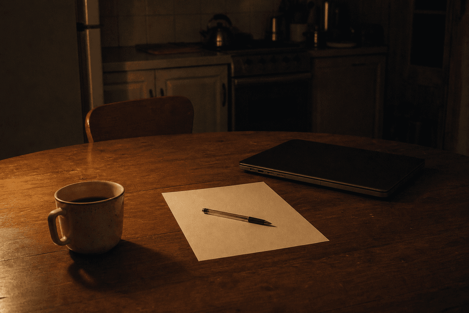 A kitchen table at night under one lamp: a blank sheet of paper, a pen, a closed laptop, a mug gone cold.